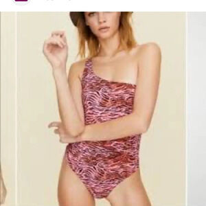 Aritzia Little Moon one  shoulder pink truffle striped zebra bodysuit. s…